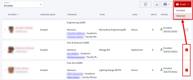 Example of using checkboxes on the class roster to select and email selected students..