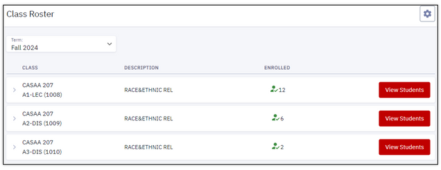 This image shows the class roster landing page including term, classes, class descriptions, and how many students are enrolled in each class.