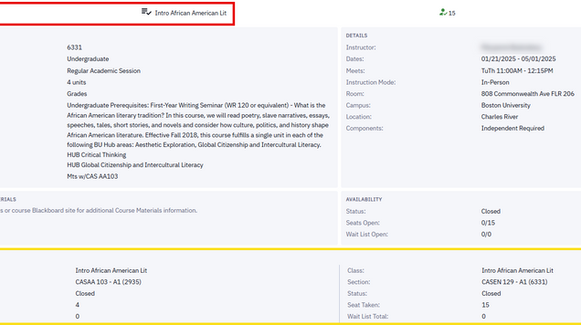 This image shows the page that will display when you click the dropdown arrow on a class to view details. It highlights the combined section portion, which will show if classes are cross-listed.