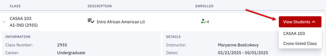 Example of Class Roster landing page selection to View Students.