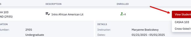 This image highlights the view students button on the right side of the page, which when selected will allow you to navigate that class's roster.
