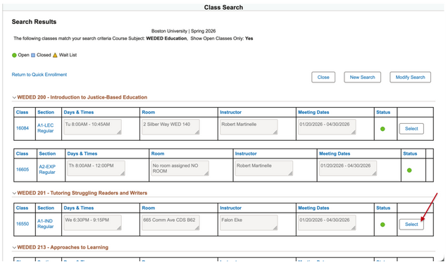 This image highlights the select button on the right side of each course that displays.