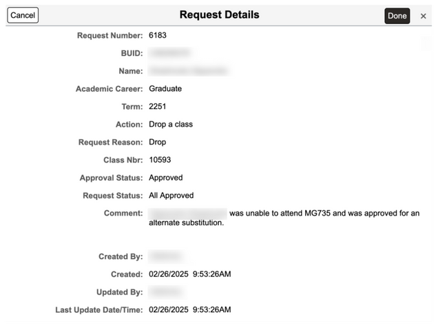 This image shows the page that will display when you click the request details link.