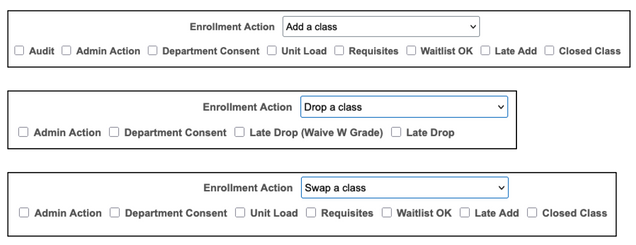 This table displays all Actions & Reasons for the Enrollment Action field on the Request Form tab. 