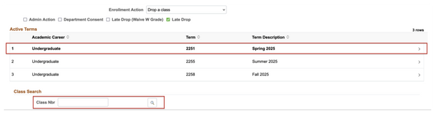 This image shows the lookup in the Class Nbr field that displays when you click the appropriate row for the desired term is selected.