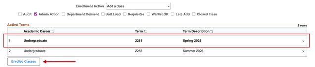This image points out the Enrolled Classes button that displays upon clicking the appropriate row for the desired Term.