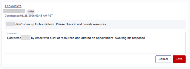 Comment text box and Save button in an Action Items Details window.
