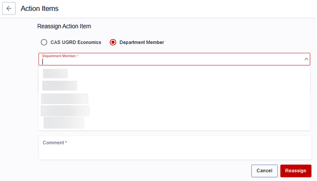 Reassign Action Item window, displaying the Department Member dropdown list, Comment box, and Reassign button.