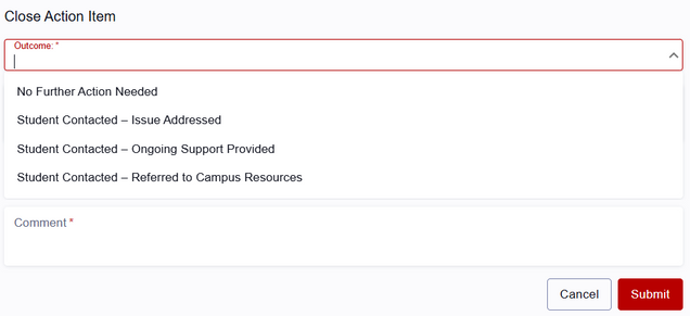 Close Action Item window, displaying Outcome dropdown menu and Submit button.