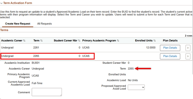 Example of term selection on Approved Academic Load form.