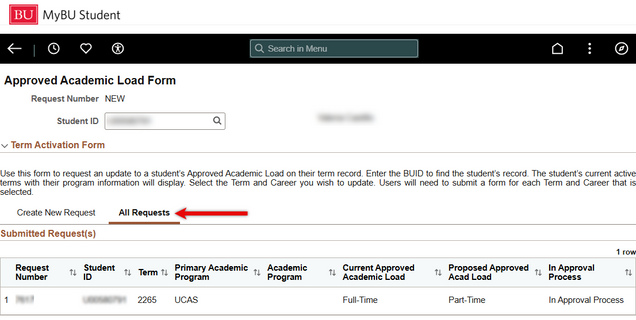 Example of All Requests tab on Approved Academic Load Form.
