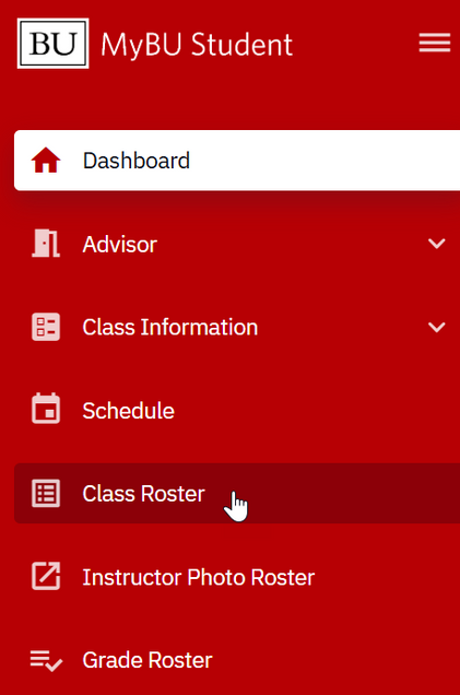 MyBU Student menu highlighting Class Roster selection