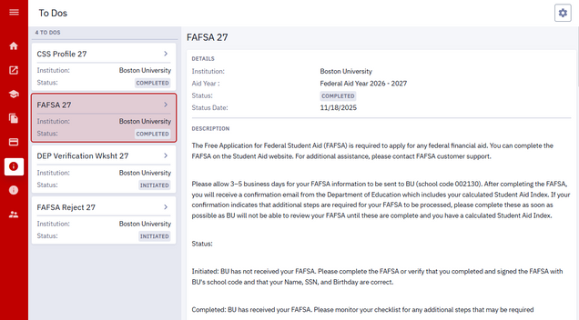 Example of To Dos page with a FAFSA item open