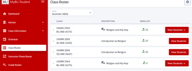 Selecting the View Students button from the Class Roster in MyBU Student.
