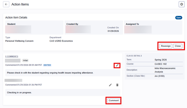 The Action Items Details window, with full information about the Action Item and options for faculty to add Comments, Reassign, or Close the Action Item.