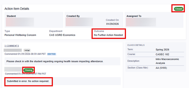 A Closed Action Items Details page for an Action Item originally submitted in error.