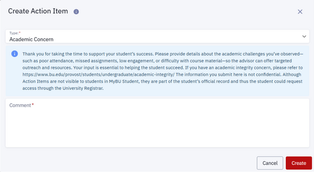 The Create Action Item window, displaying a Type dropdown, instructions on what to include in the Comment box, and the Create button for submitting the Action Item.