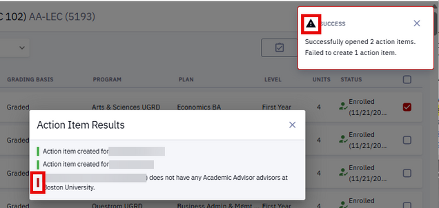Examples of error messages and symbols for Action Items that failed to be opened.