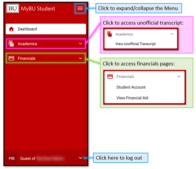 Guest User navigation menu