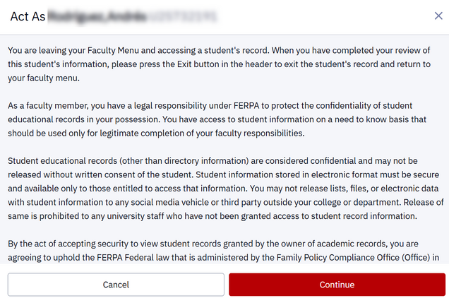 FERPA disclaimer pop-up message.