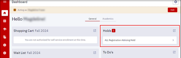 Example of Dashboard while acting as a student user with an Advising Hold.