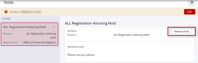 Example of Holds page while acting as a student user, highlighting the button authorized staff will see to Release Hold.