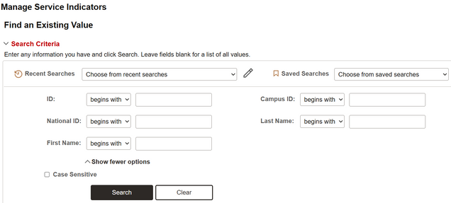 Manage Service Indicators search fields.