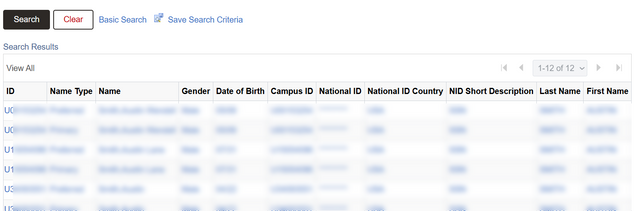 Example of search results in Manage Service Indicators page with student data blurred.