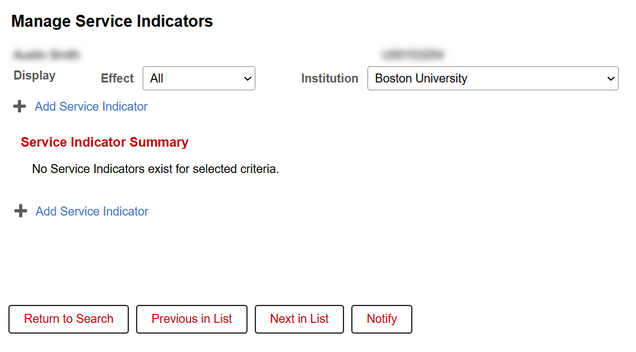 Example of Manage Service Indicators page for a student with no Service Indicators visible to the user.