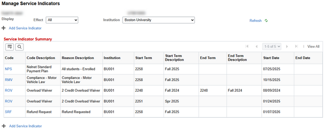 Example of Manage Service Indicators page for a student.