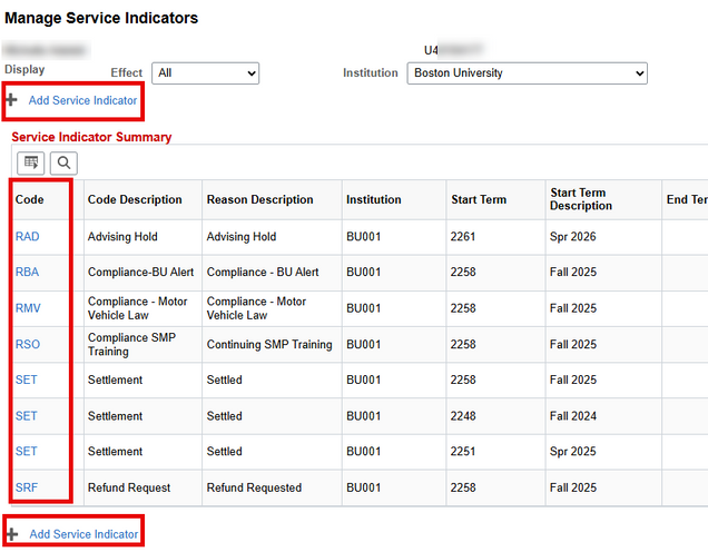 Example of Manage Service Indicators page for a student, highlighting where to click to add or edit an indicator.