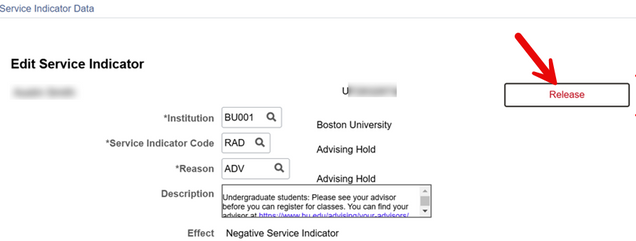 Example of Edit Service Indicator screen for RAD with option to release the hold.