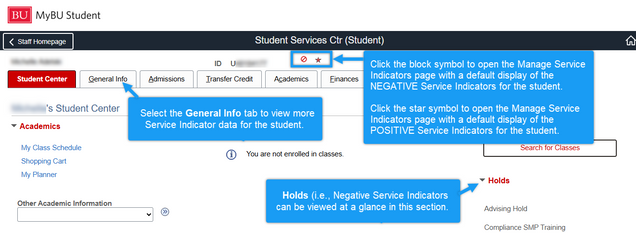 Example of Student Services Center screen with annotations about where to find Service Indicator information.
