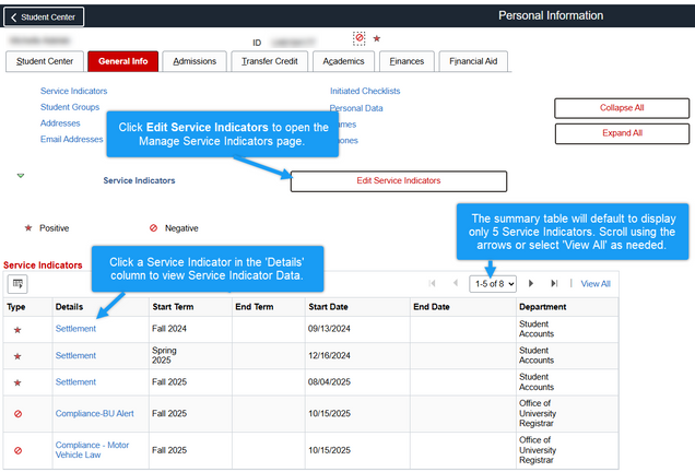Example of General Info tab in Student Services Center with annotations about managing service indicators.