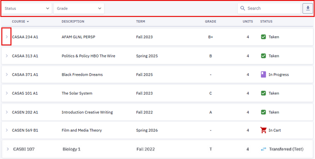 Act as Student view of a student’s Class List, featuring Status and Grade filter boxes, Search box, Download button, and rows of course data.