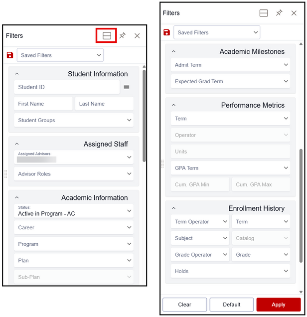 The vertical view of Advisee and Student Lookup Filters, displaying multiple filter options, the view toggle switch, and the Apply button.