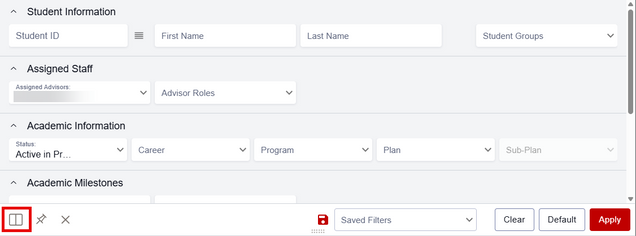 The horizontal view of Advisee and Student Lookup Filters, displaying multiple filter options, the view toggle switch, and the Apply button.