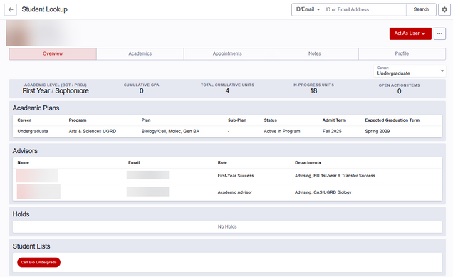 Content in the Student Details Overview tab, including Academic Stats, Academic Plans, Advisors, Holds, and Student Lists.