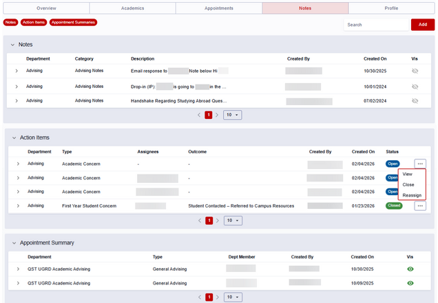Student Overview - Notes tab, displaying sections for Notes, Action Items, and Appointment Summaries.