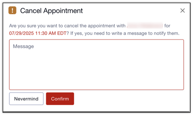 The Cancel Appointment window, with text box for providing a cancellation reason, and the Confirm button at the bottom.