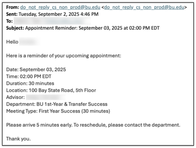 Sample advising invite email reminder.