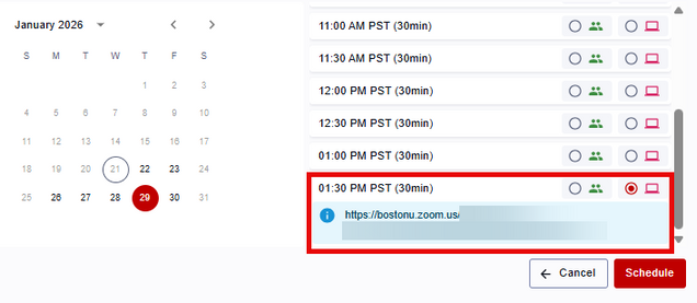 Options for choosing date, time, and mode for an advising appointment. An online meeting is selected, so a meeting URL appears beneath the selection.