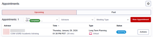 Upcoming tab in an Appointments page, showing the Advisor, Time, Mode, and Status of a student's new advising appointment.