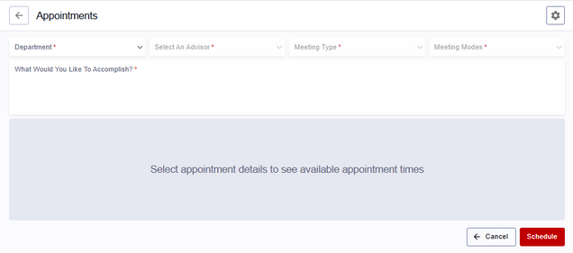 Blank Advising Appointments Scheduling page, displaying dropdowns for Department, Advisor, Meeting Type, and Meeting Mode; and a text box for entering the reason for the meeting.