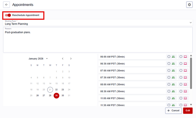 Toggling the Reschedule Appointments button to bring up the advisor's list of available days and times.