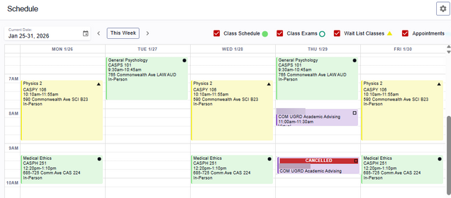 Two weeks in a student's Advising Schedule. This calendar view displays the student's class meetings, wait list classes, and both scheduled and cancelled advising appointments.