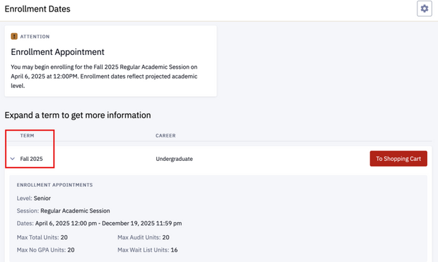 Enrollment Dates page, with the dropdown Term row expanded to show appointments details.