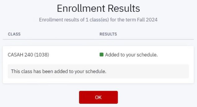 Enrollment Results confirmation message.