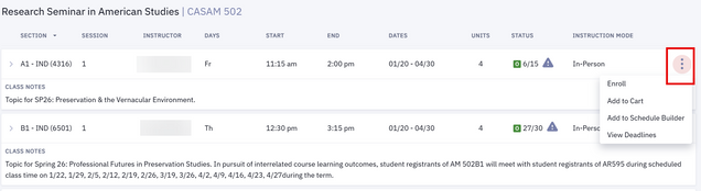 Three dots menu of additional actions available in the Class Search window, including Enroll, Add to Cart, Add to Schedule Builder, and View Deadlines.