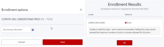 Examples of enrollment validation alert messages.